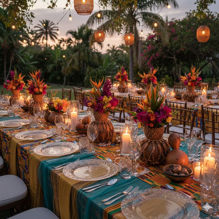 Longue table de réception au crépuscule, avec des fleurs tropicales, des bougies et des lanternes suspendues